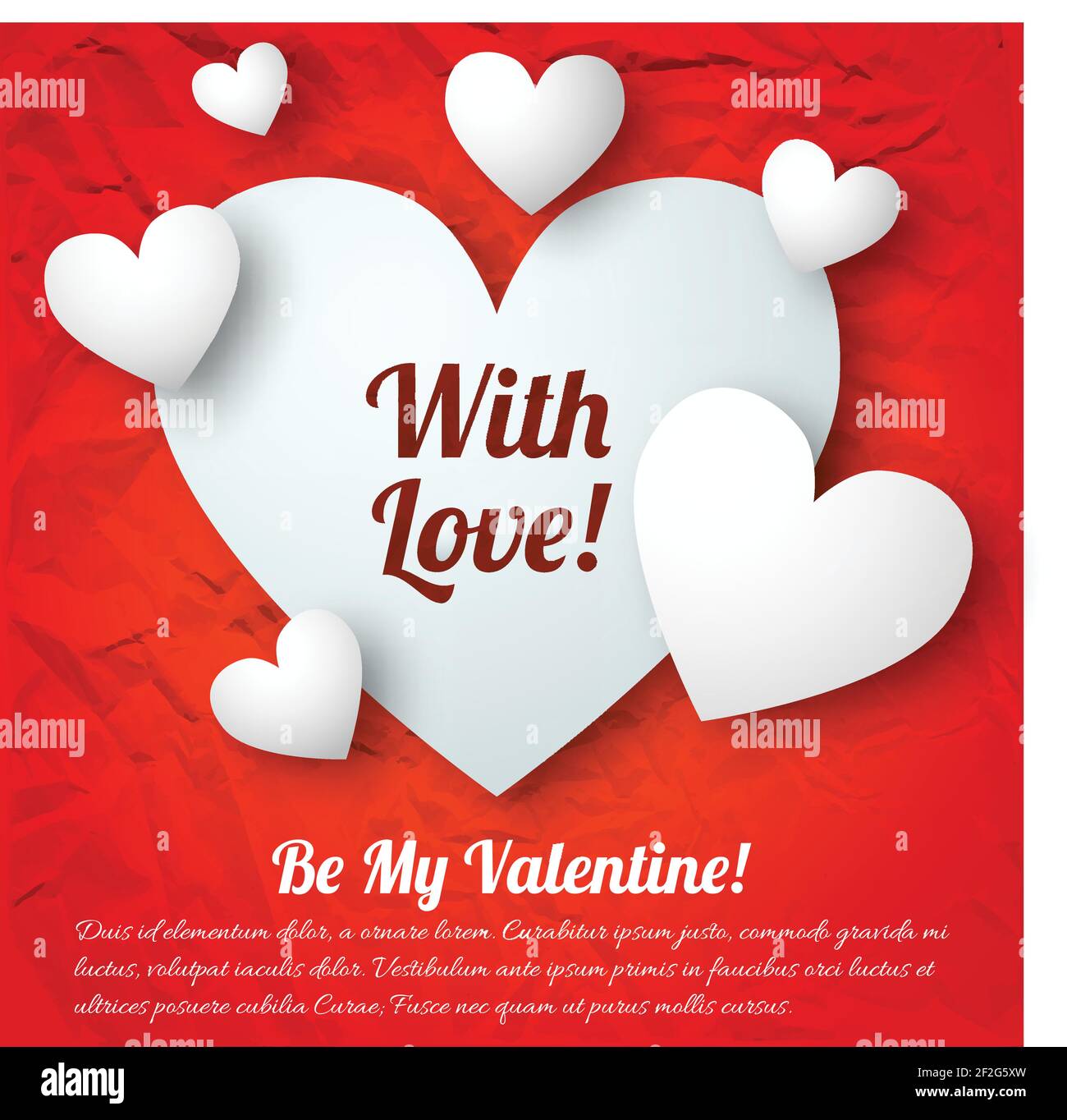 Valentines day greeting concept with text white hearts on red crumpled ...