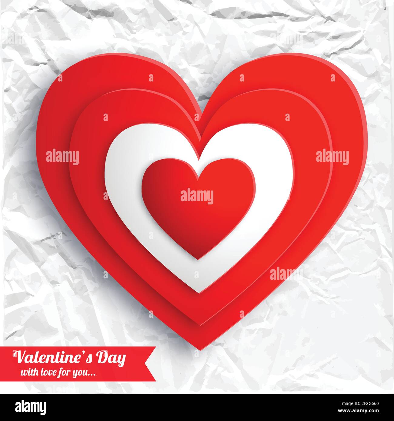 Valentines day beautiful background with red hearts on white crumpled ...