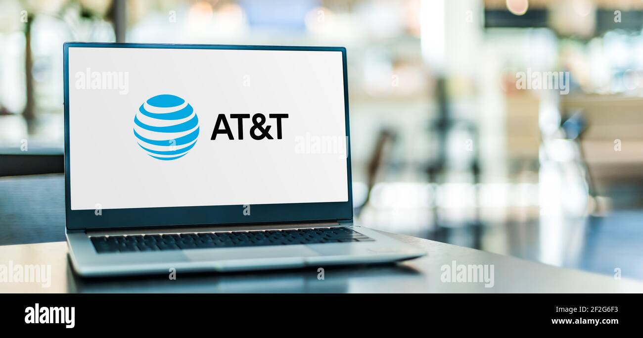 POZNAN, POL - FEB 6, 2021: Laptop computer displaying logo of AT&T ...