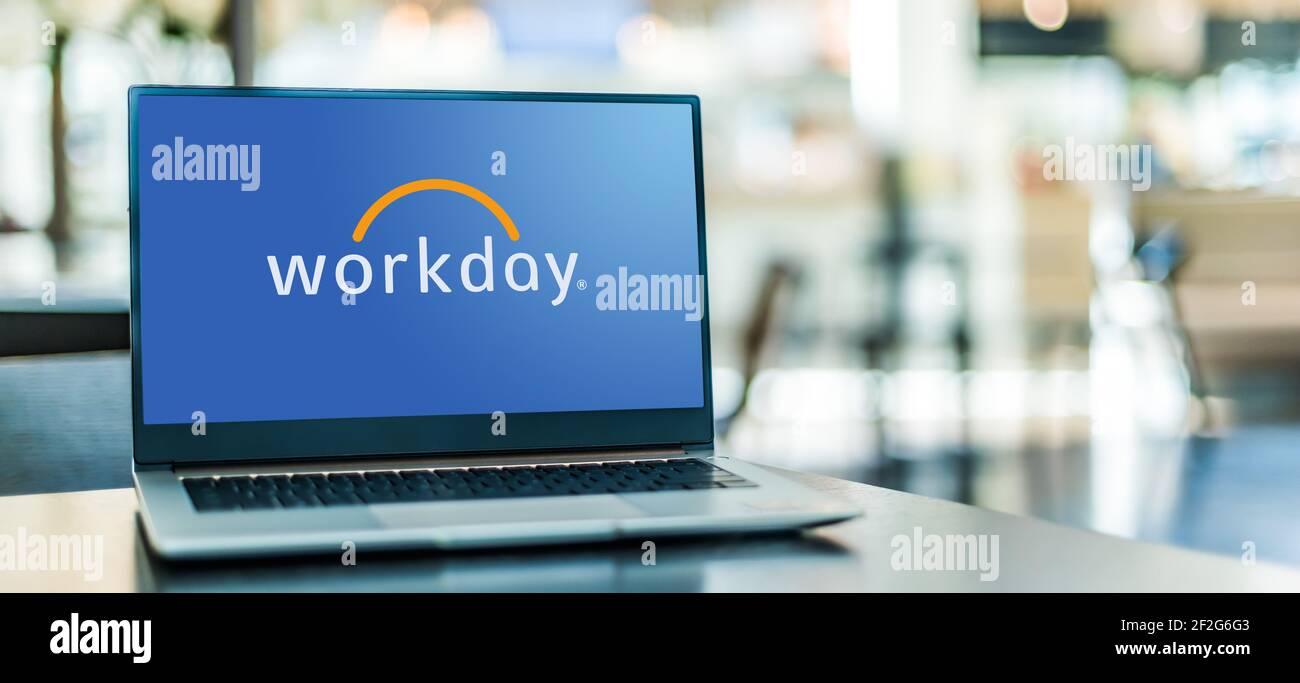 POZNAN, POL - FEB 6, 2021: Laptop computer displaying logo of Workday, an American on-demand (cloud-based) financial management and human capital mana Stock Photo