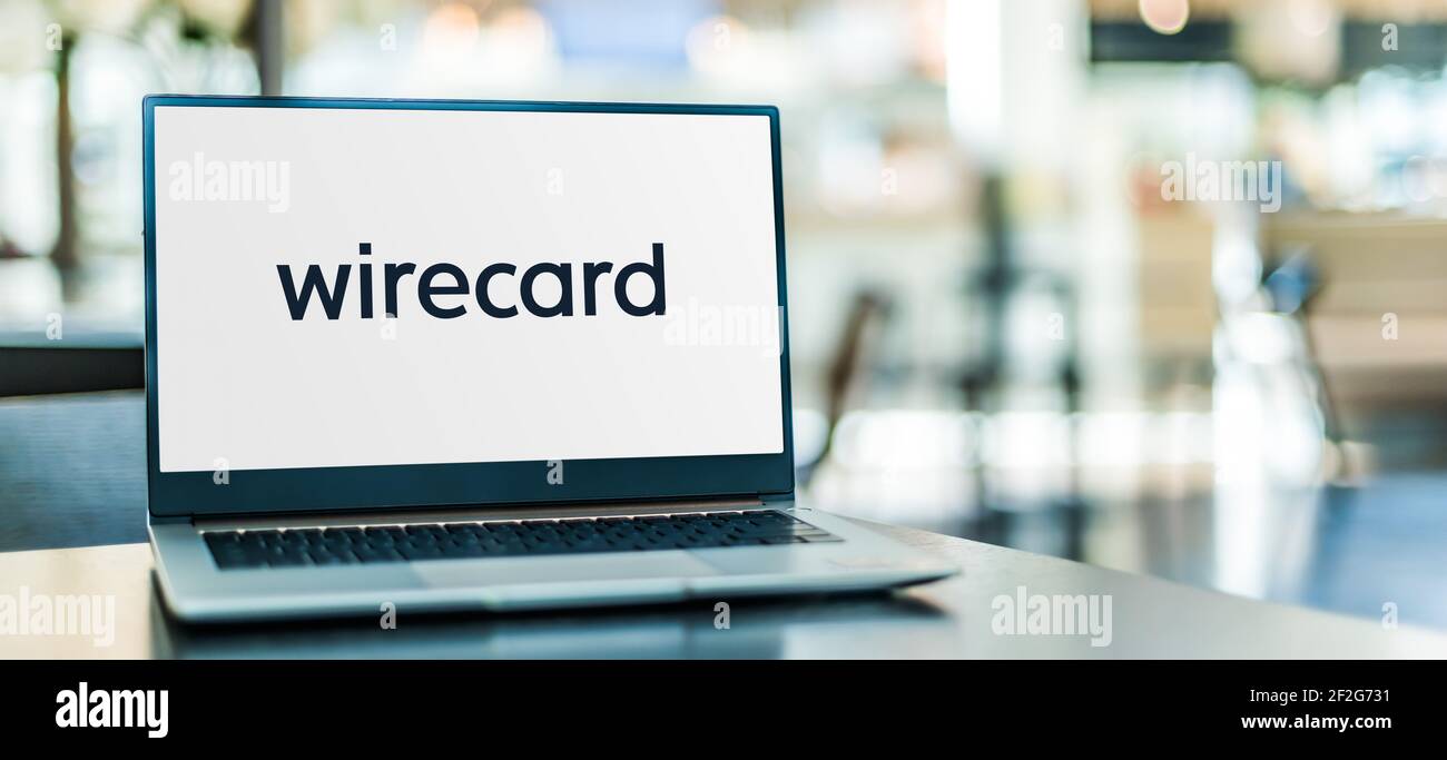 POZNAN, POL - FEB 6, 2021: Laptop computer displaying logo of Wirecard AG, an insolvent German payment processor and financial services provider Stock Photo