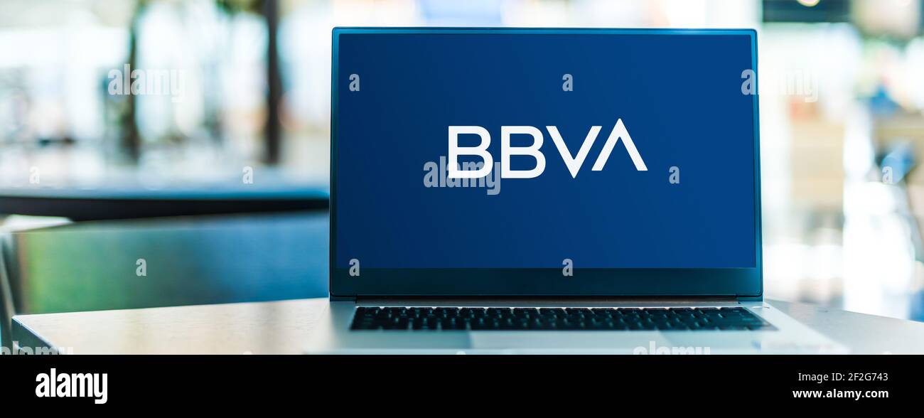 POZNAN, POL - FEB 6, 2021: Laptop computer displaying logo of BBVA, a multinational financial services company based in Madrid and Bilbao, Spain Stock Photo