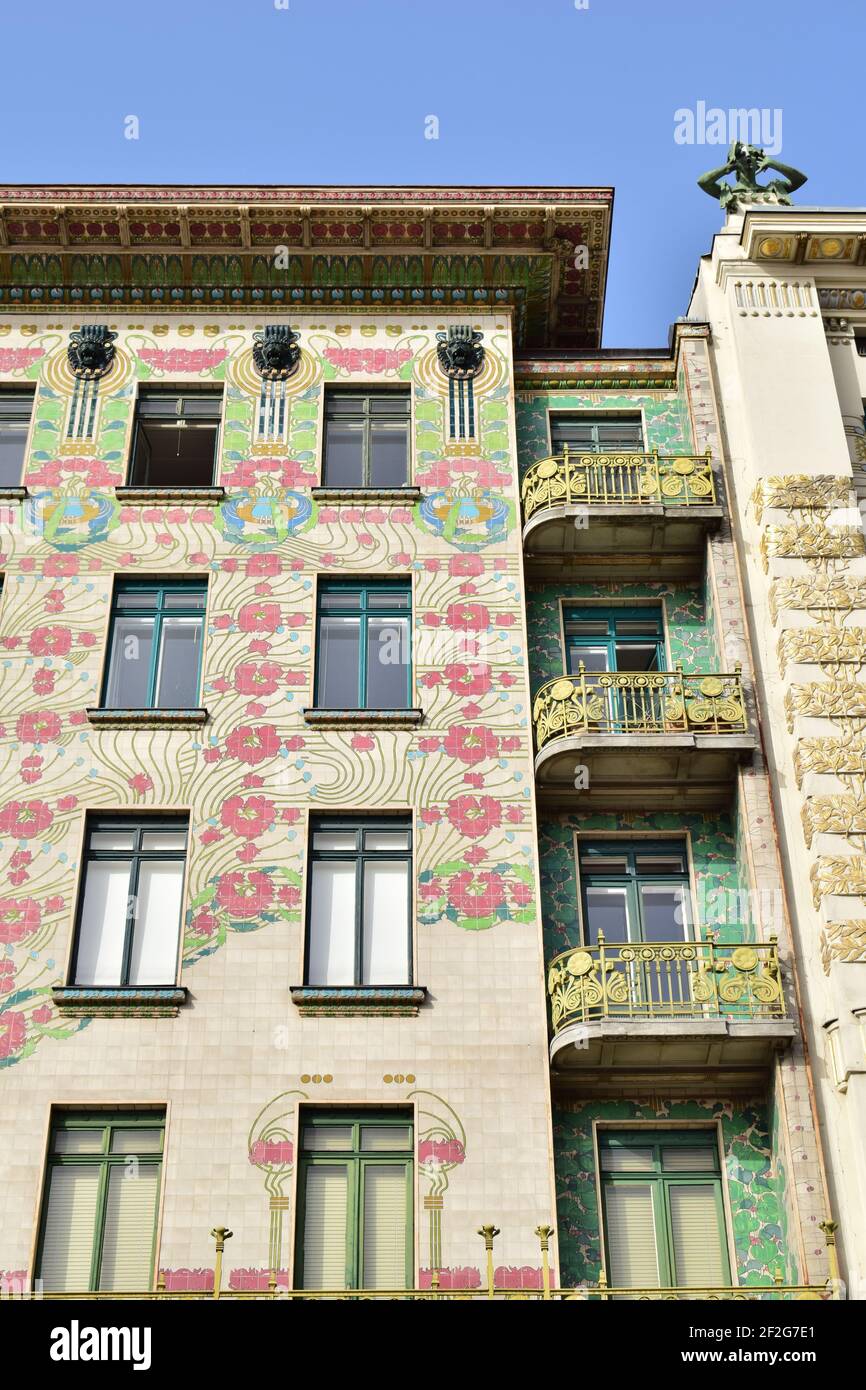 VIENNA, AUSTRIA - FEBRUARY 23, 2021: Facade detail of Jugendstil Majolica House. Designed by Otto Wagner (1841-1918), completed in 1899. Stock Photo