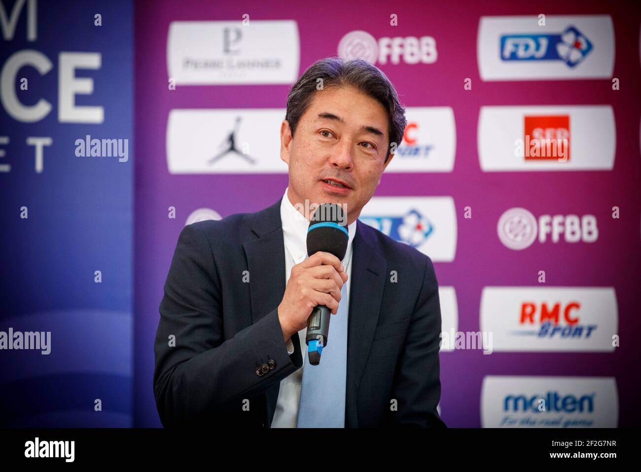 Tomoyuki Shimazaki, President of Suzuki France during the Press conference on July 29, 2019 at INSEP (Institut national du sport, de l'expertise et de la performance) in Paris, France before the departure to FIBA Basketball World Cup China 2019 - Photo Ann-Dee LAMOUR / CDP MEDIA / DPPI Stock Photo