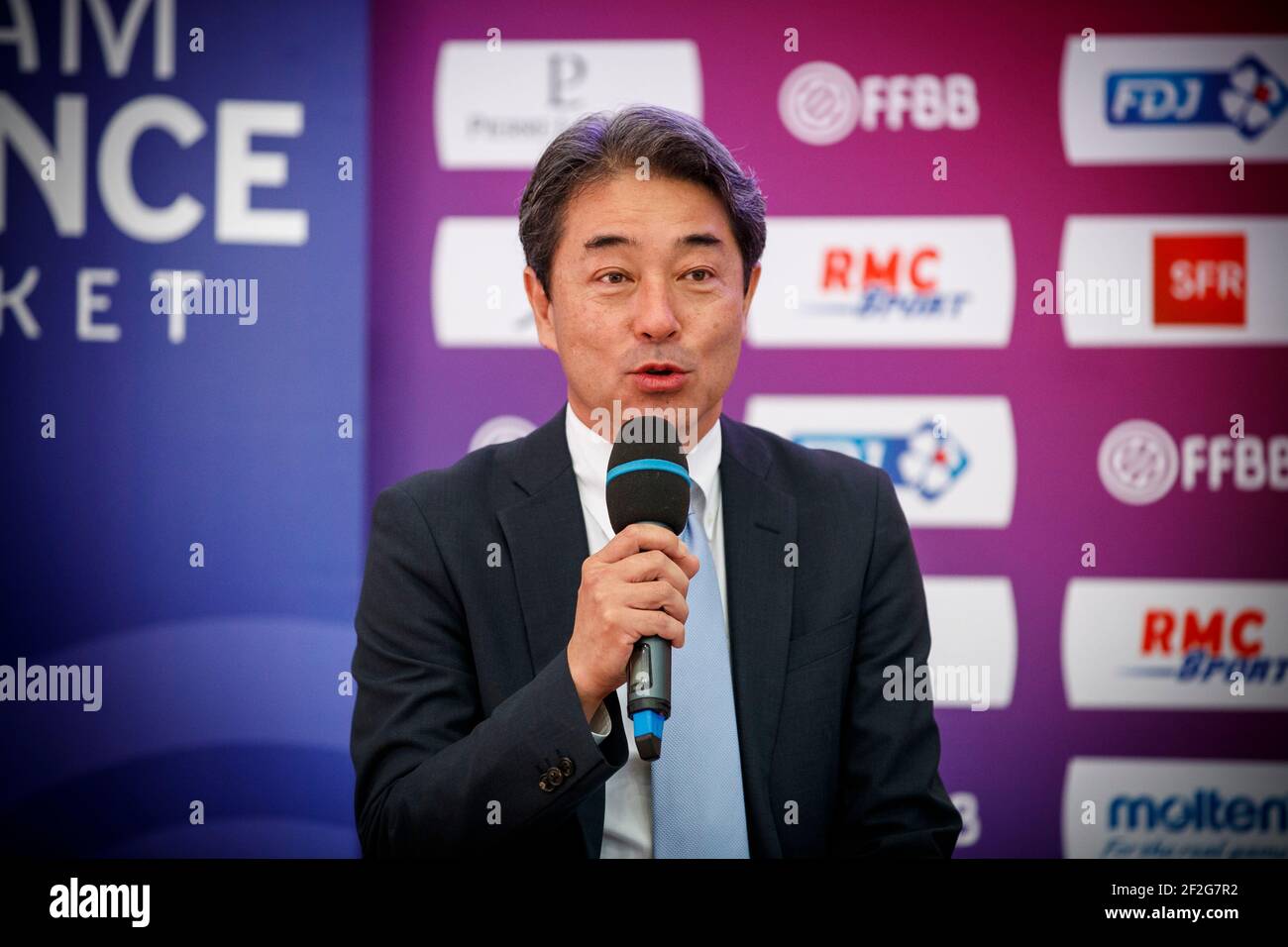 Tomoyuki Shimazaki, President of Suzuki France during the Press conference on July 29, 2019 at INSEP (Institut national du sport, de l'expertise et de la performance) in Paris, France before the departure to FIBA Basketball World Cup China 2019 - Photo Ann-Dee LAMOUR / CDP MEDIA / DPPI Stock Photo