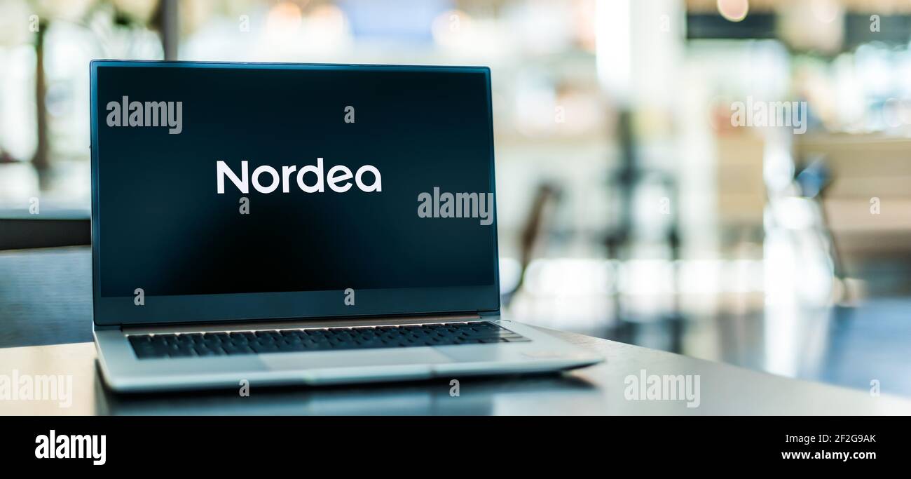 POZNAN, POL - FEB 6, 2021: Laptop computer displaying logo of Nordea, a European financial services group operating in northern Europe and based in He Stock Photo