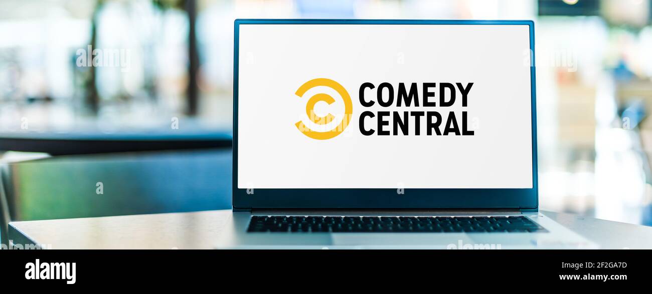 POZNAN, POL - FEB 6, 2021: Laptop computer displaying logo of Comedy Central, an American basic cable channel owned by ViacomCBS Stock Photo
