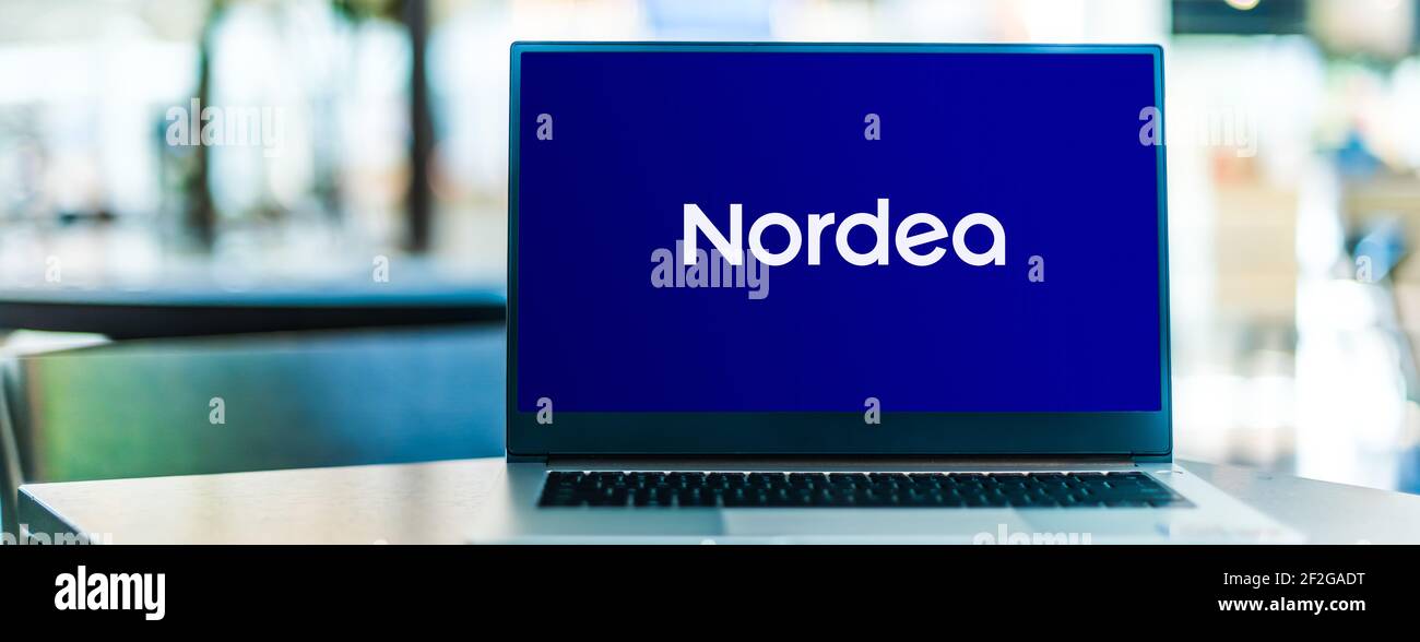 POZNAN, POL - FEB 6, 2021: Laptop computer displaying logo of Nordea, a European financial services group operating in northern Europe and based in He Stock Photo