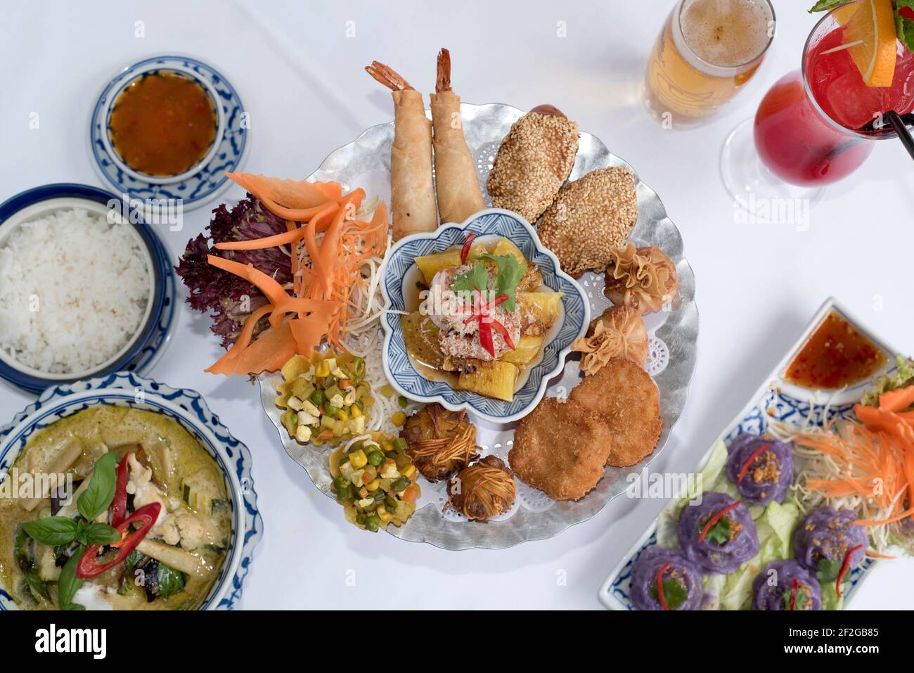 Sheffield, 2017 -  Delicious platter of Thai starters & authentic mains at All Siam Thai restaurant, Ecclesall Road Stock Photo