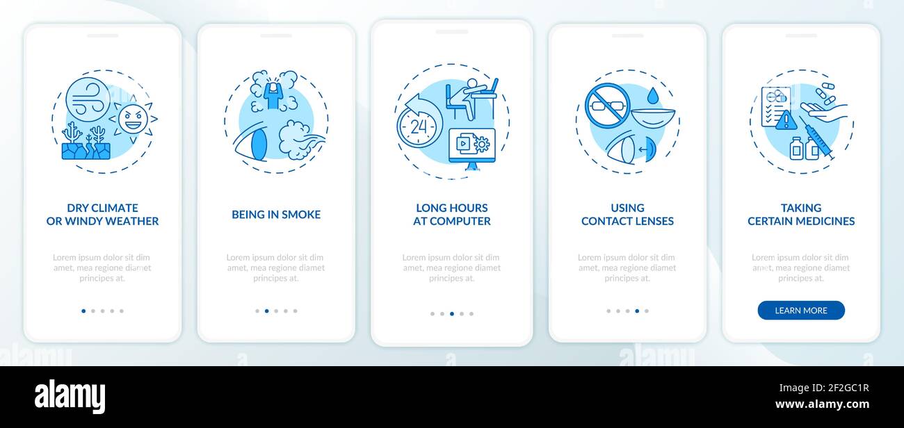 Dry eye causes onboarding mobile app page screen with concepts Stock Vector