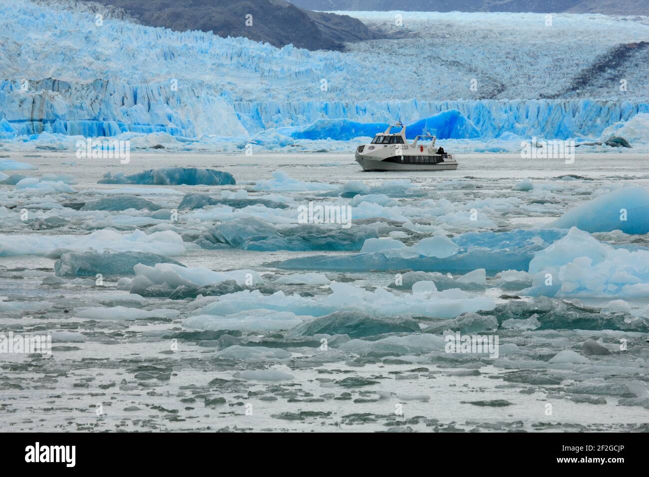 geography / travel, Argentina, Patagonia, Tourist boat near the gigantic Upsala glacie, Additional-Rights-Clearance-Info-Not-Available Stock Photo