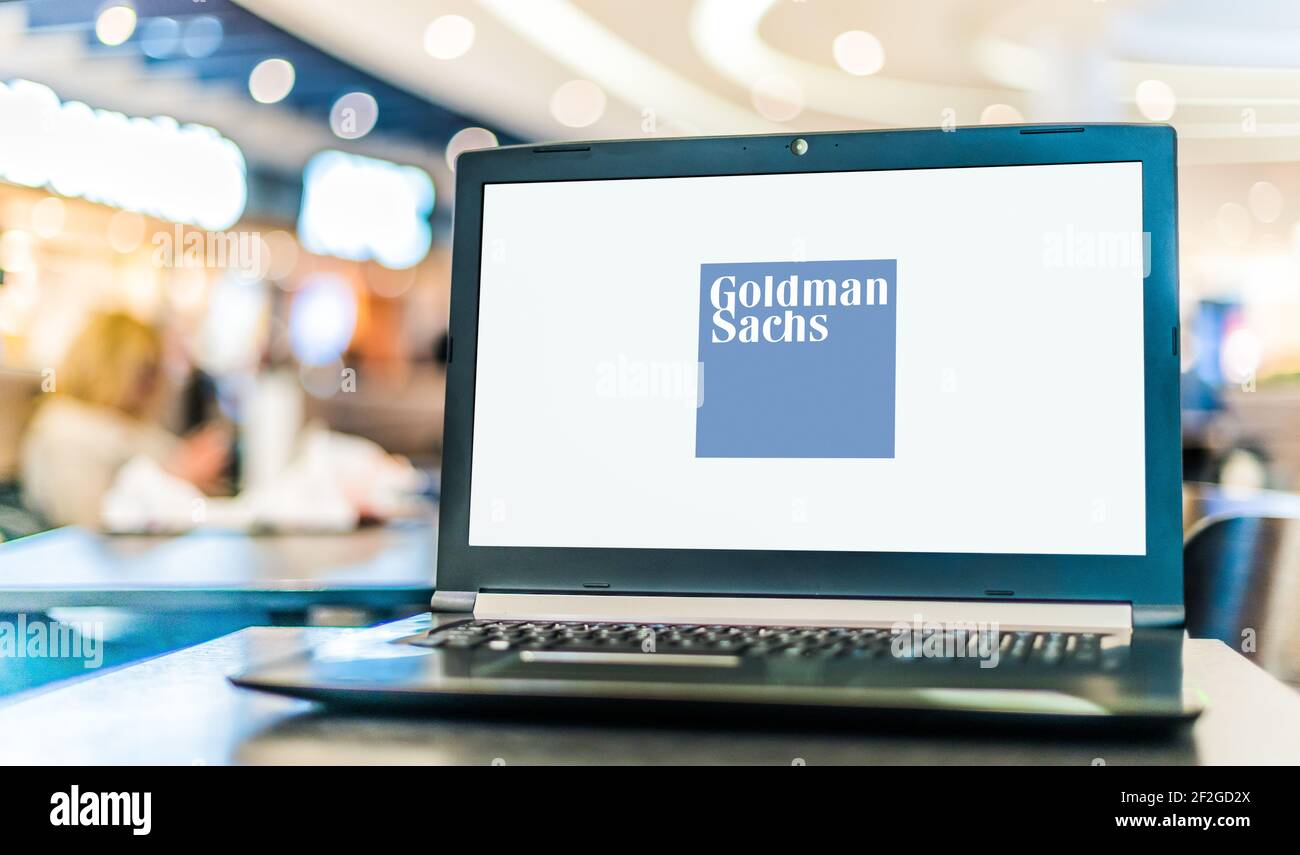 POZNAN, POL - FEB 6, 2021: Laptop computer displaying logo of The Goldman Sachs Group, an American multinational investment bank and financial service Stock Photo