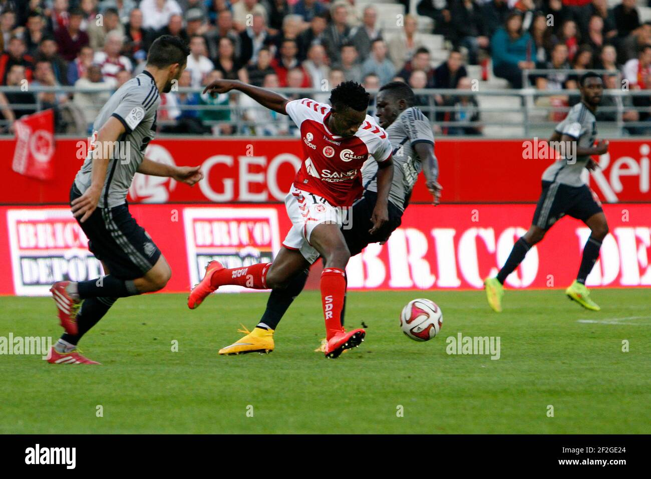 Benjamin MOUKANDJO of Reims during the French Championship Ligue 1 Football match between Stade de Reims and Olympique de Marseille, on September 23, 2014 at Auguste Delaune Stadium in Reims, France. Photo Anthony Serpe / DPPI Stock Photo