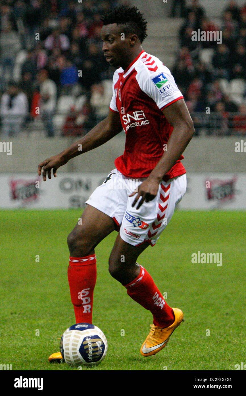 Benjamin MOUKANDJO (14 Reims) during the 1/16 French League Cup football match between Stade Reims Marne and AC Arles Avignon on october 28, 2014 at Auguste Delaune stadium in Reims, France - Photo Anthony Serpe / DPPI Stock Photo