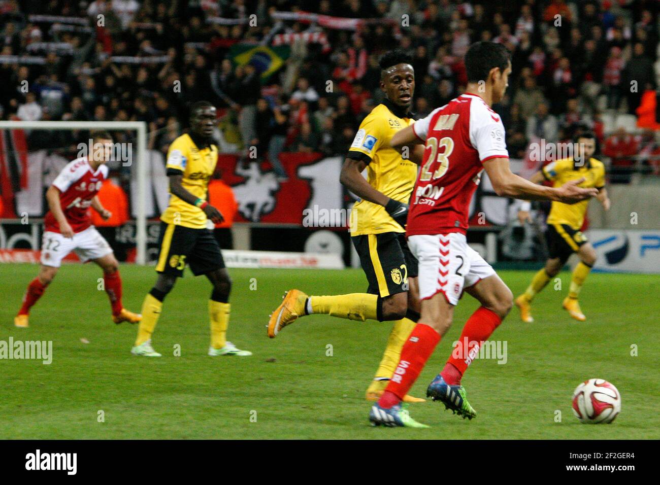 Aissa MANDI (23 Reims) and Divock ORIGI (27 Lille) during the L1 french champ between Stade de Reims and Lille LOSC at Auguste Delaune stadium on november 09, 2014 - Photo Anthony Serpe / DPPI Stock Photo