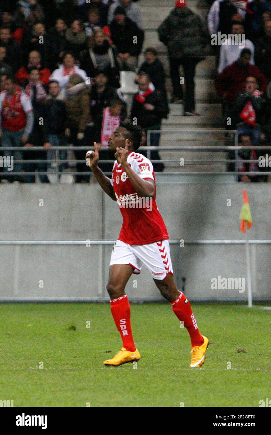 Penalty goal for Benjamin MOUKANDJO (14 Reims) during the L1 french champ between Stade de Reims and Lille LOSC at Auguste Delaune stadium on november 09, 2014 - Photo Anthony Serpe / DPPI Stock Photo