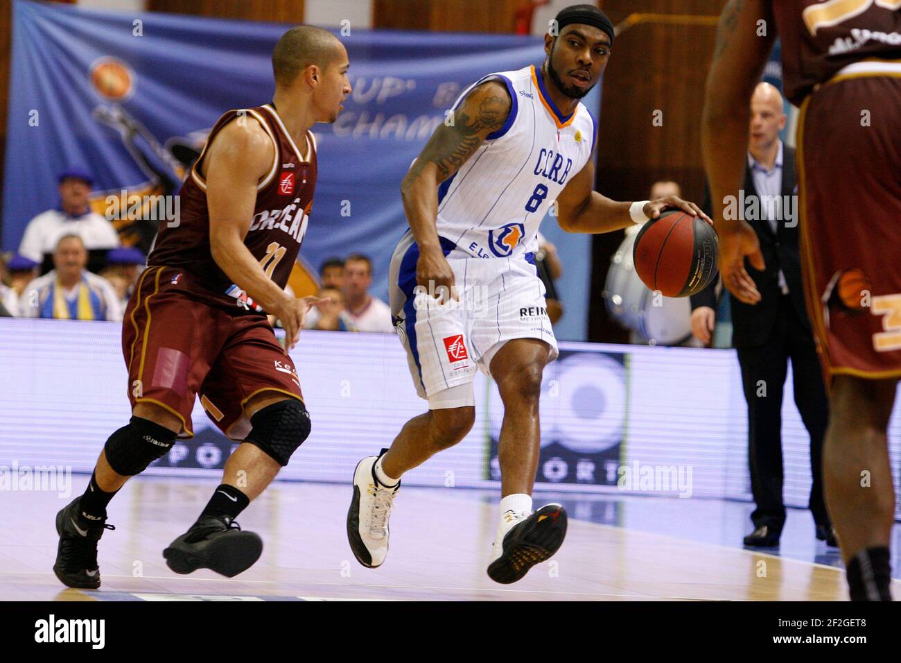 Lionel CHAMLERS (8 CCRB) and Marc-Antoine PELLIN (11 OLB) during the French  Pro-A basket-ball , CCRB (Champagne Chalons Reims Basket) v Orleans (OLB),  at Salle Rene Thys in Reims, France, on November