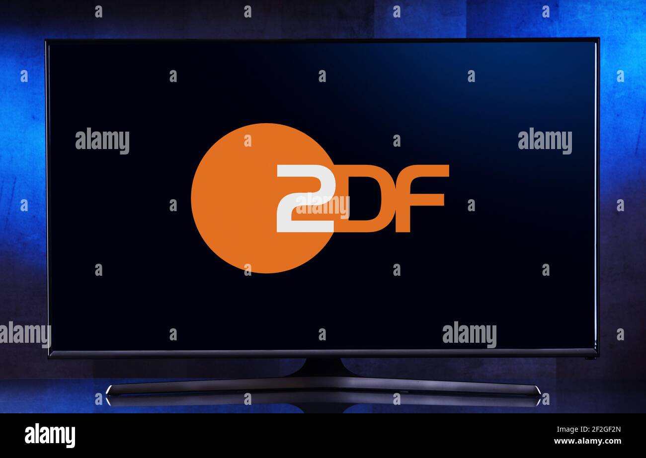 POZNAN, POL - AUG 06, 2020: Flat-screen TV set displaying logo of ZDF or Zweites Deutsches Fernsehen, a German public-service television broadcaster b Stock Photo