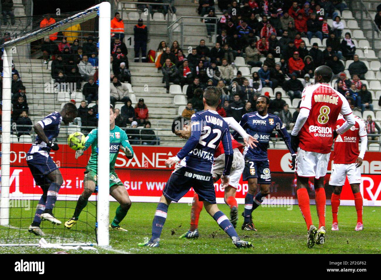 Aissa MANDI (RM) scores during the L1 french football championship match between Reims Marne and Evian TG at Auguste Delaune stadium in Reims on december 13, 2014 - Photo Anthony Serpe / DPPI Stock Photo