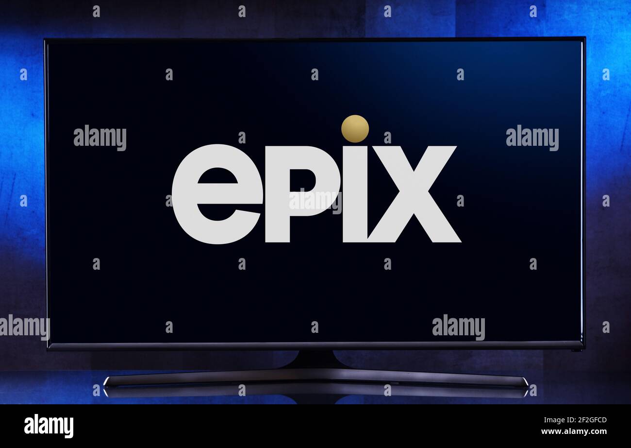 POZNAN, POL - FEB 6, 2021: Flat-screen TV set displaying logo of Epix, an American premium cable and satellite television network, owned by Epix Enter Stock Photo