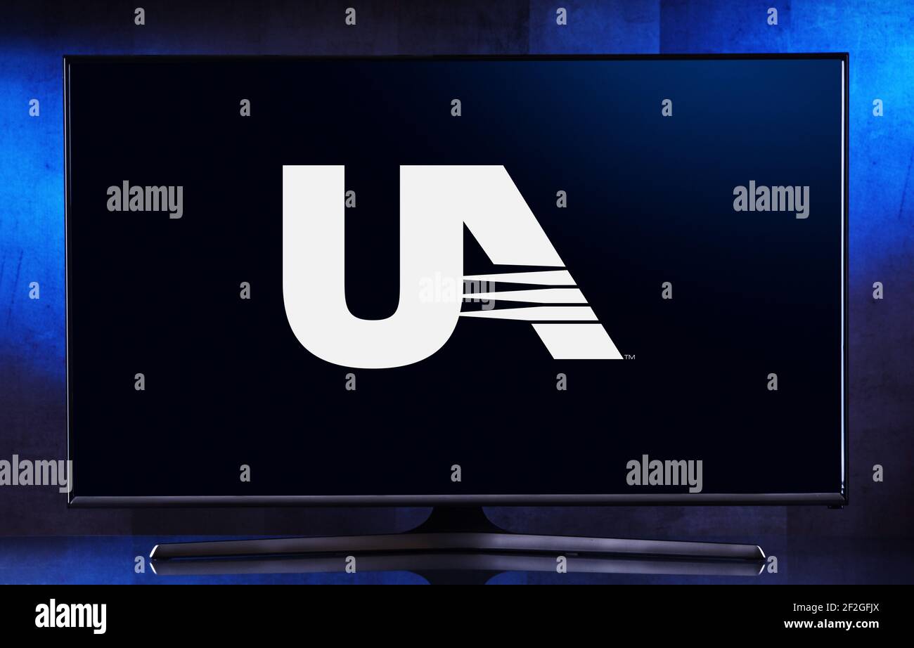POZNAN, POL - FEB 6, 2021: Flat-screen TV set displaying logo of United Artists Corporation, an American digital production company Stock Photo