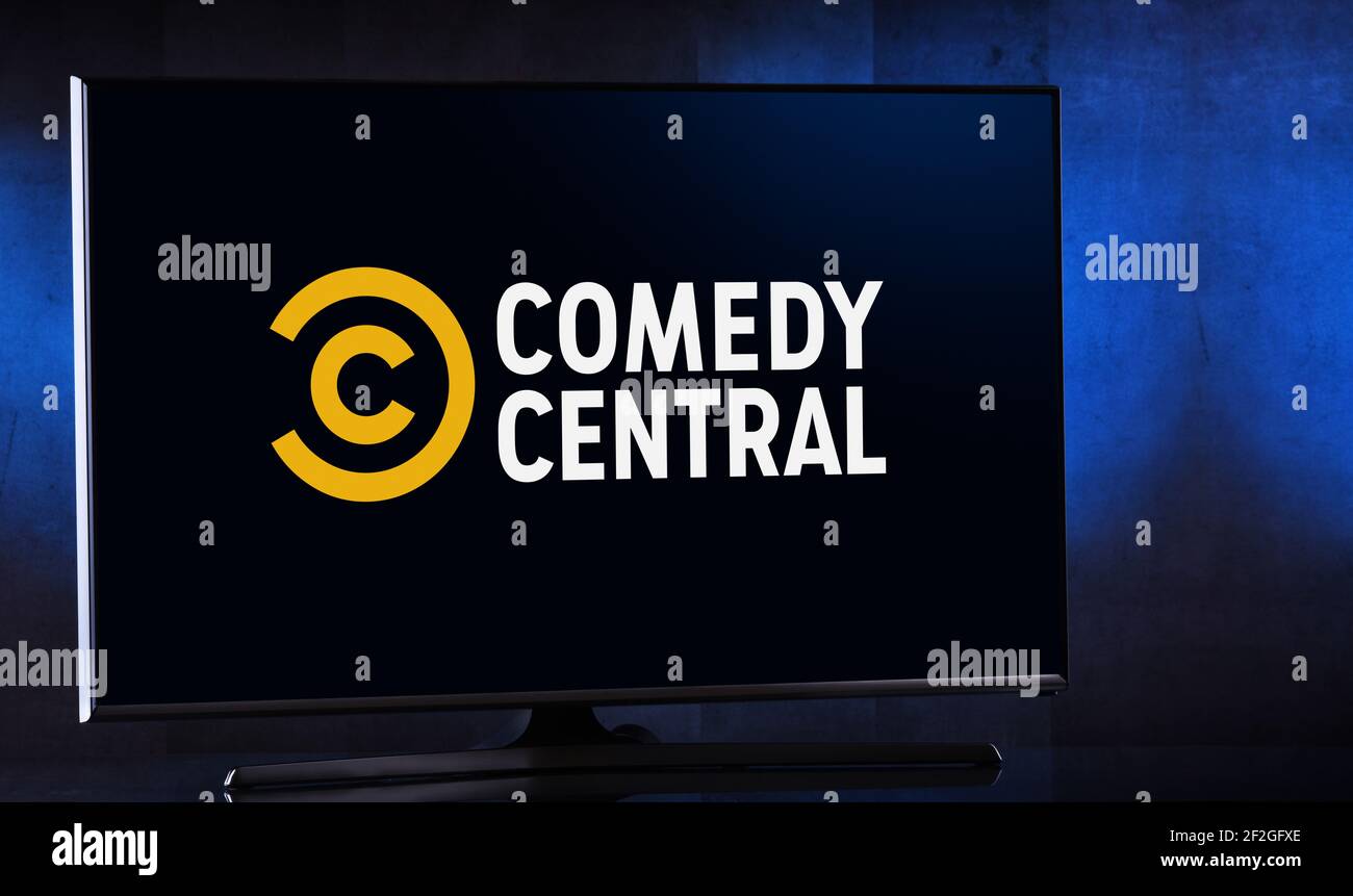 POZNAN, POL - FEB 6, 2021: Flat-screen TV set displaying logo of Comedy Central, an American basic cable channel owned by ViacomCBS Stock Photo