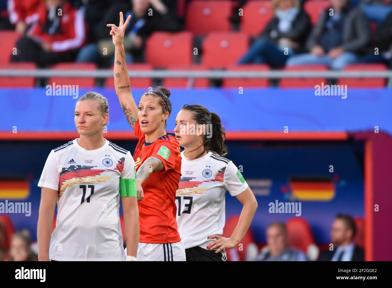 Alexandra Popp of Germany, Jennifer Hermoso of Spain and Sara Daebritz of Germany are waiting for the ball during the FIFA Women's World Cup France 2019, Group B football match between Germany and Spain on June 12, 2019 at Hainaut stadium in Valenciennes, France - Photo Melanie Laurent / A2M Sport Consulting / DPPI Stock Photo