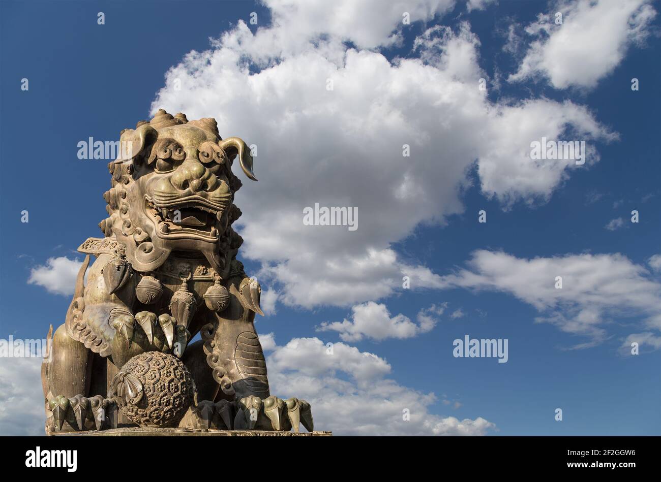Bronze Guardian Lion Statue in Yonghe Temple (Lama Temple) in Beijing, China Stock Photo