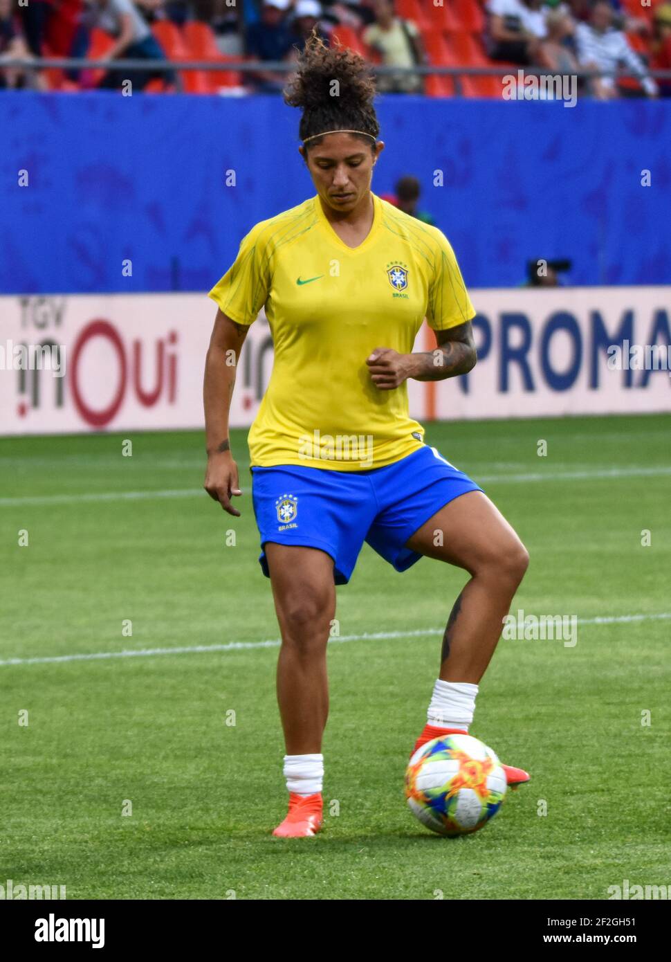 Cristiane of Brazil with the ball at her feet ahead of the FIFA Women's World Cup France 2019, Group C football match between Italy and Brazil on June 18, 2019 at Hainaut stadium in Valenciennes, France - Photo Melanie Laurent / A2M Sport Consulting / DPPI Stock Photo