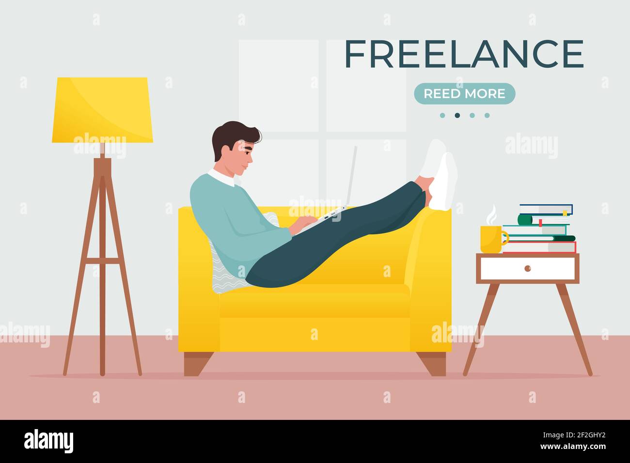 Man with laptop sitting on sofa. Work from home, freelance. Vector illustration in flat style Stock Vector