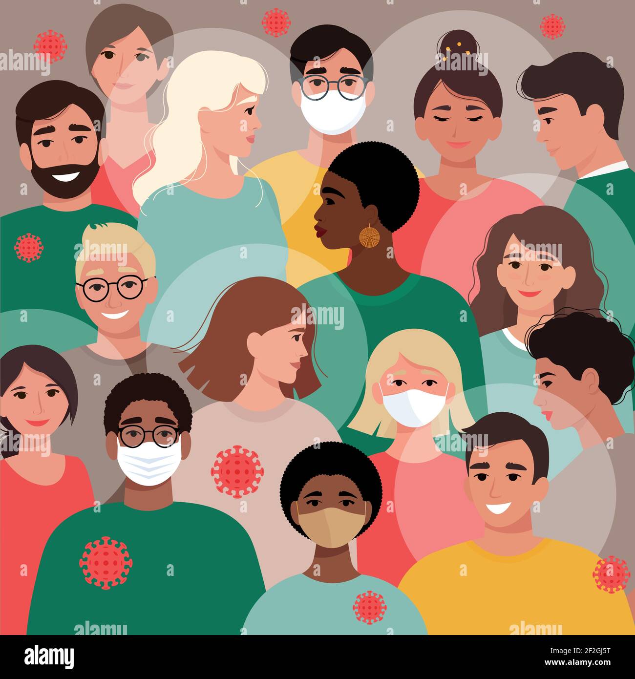 Crowds of people-in masks and without, vaccinated and unvaccinated. The importance of vaccination to control coronavirus. Vector illustration Stock Vector