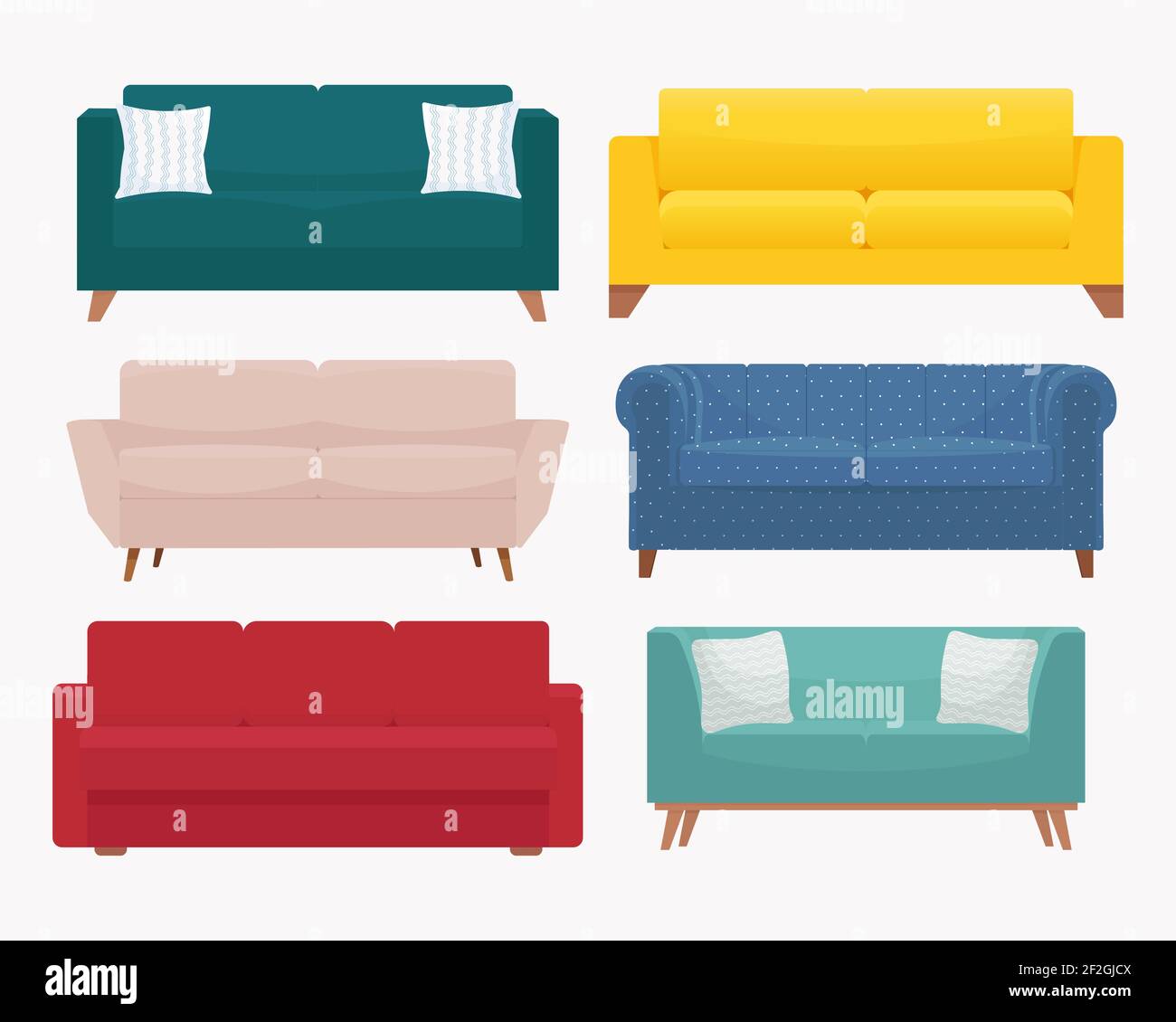 Sofa set. Collection of stylish modern cozy couch. Vector illustration in flat style, isolated on white background Stock Vector