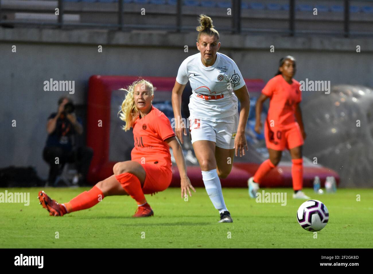 Paulina Dudek of Paris Saint Germain and Marie Charlotte Leger of  Montpellier Herault Sport Club fight for the ball during the finale of the  Women's French Cup 2019 football match between Montpellier