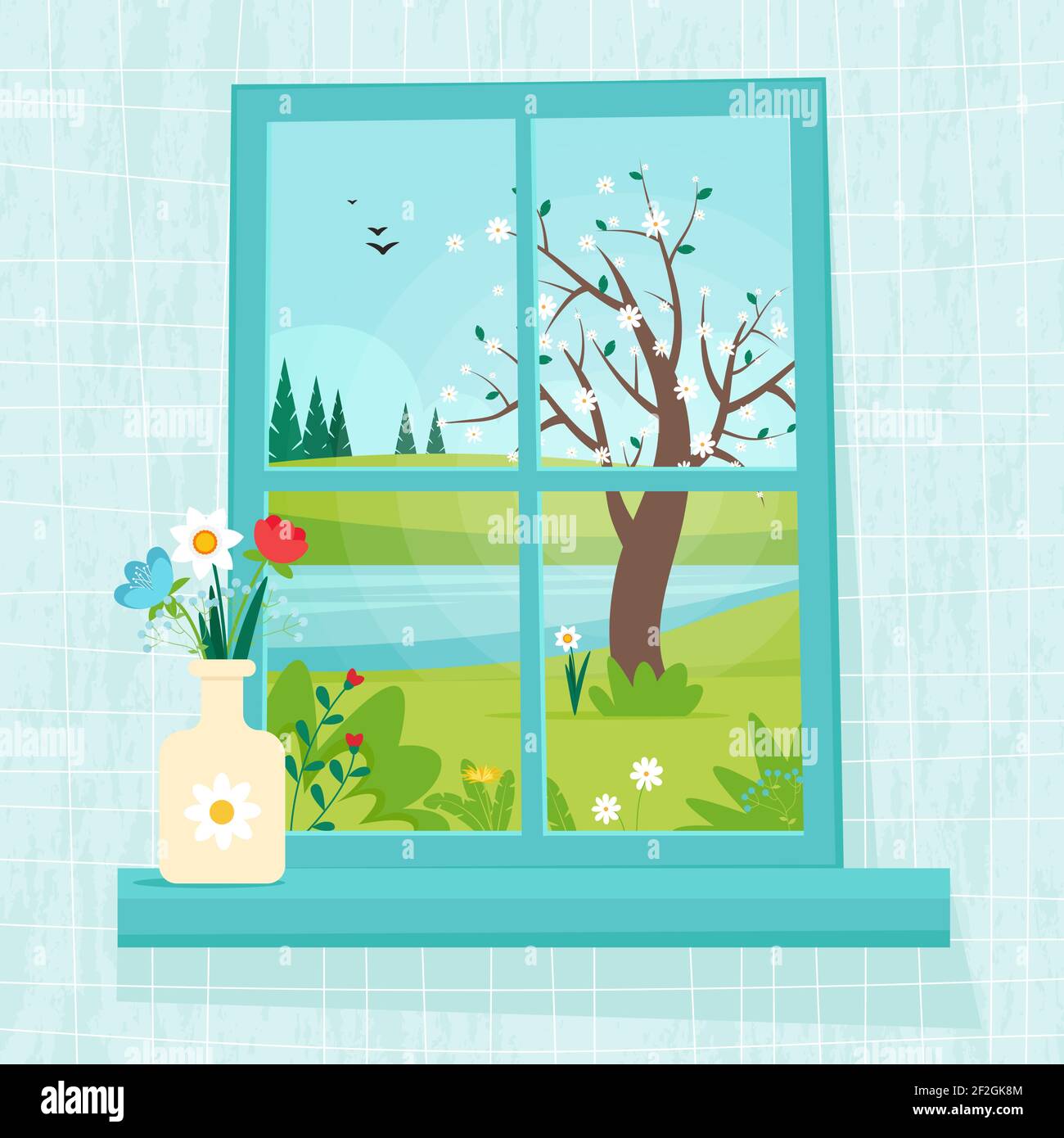 Spring window with view, vase with Flowers on the sill. Cute cozy ...