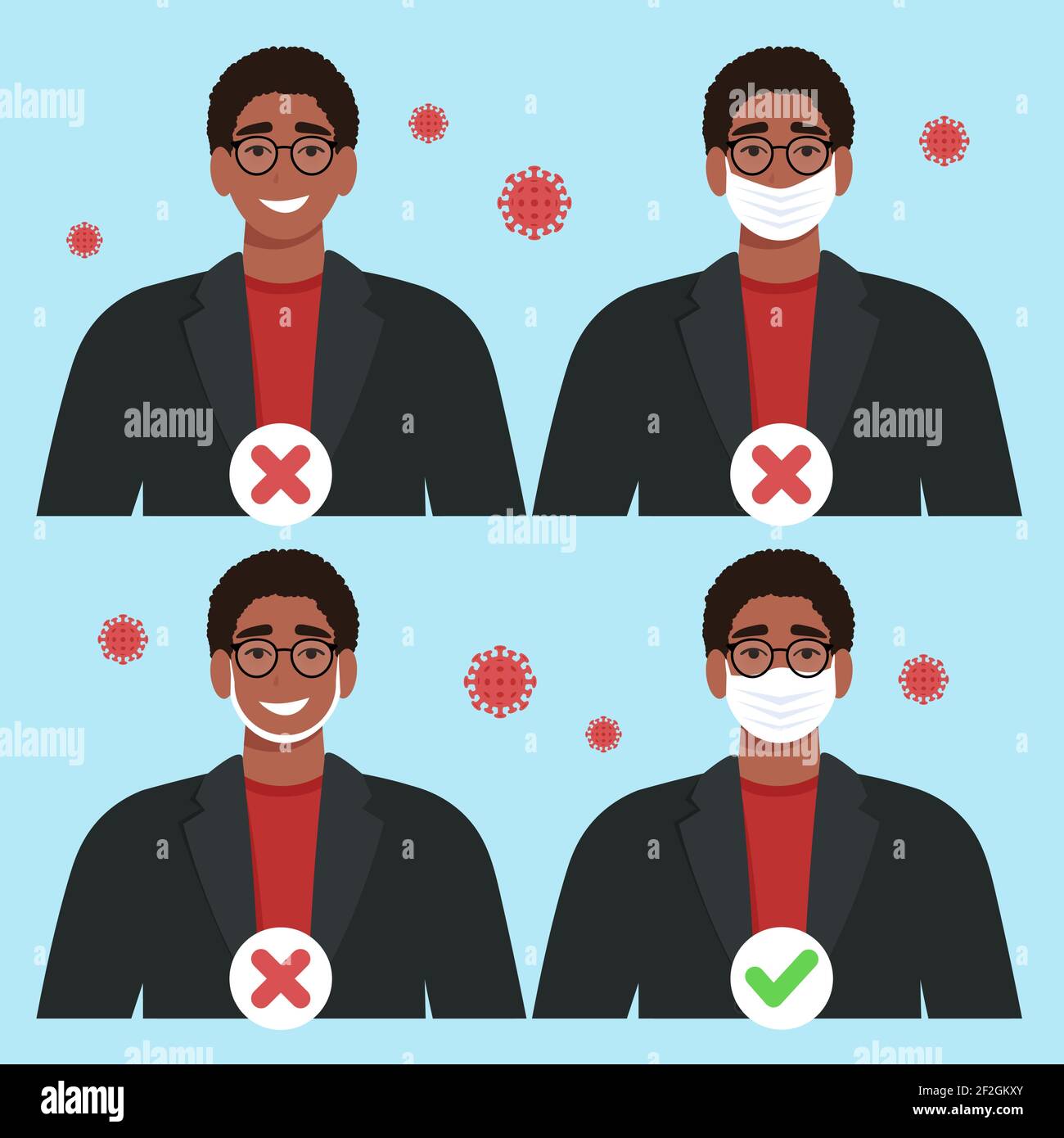 How to properly and correctly wear a mask. Coronavirus COVID-19 pandemic concept. Man in mask. Vector illustration in flat style Stock Vector