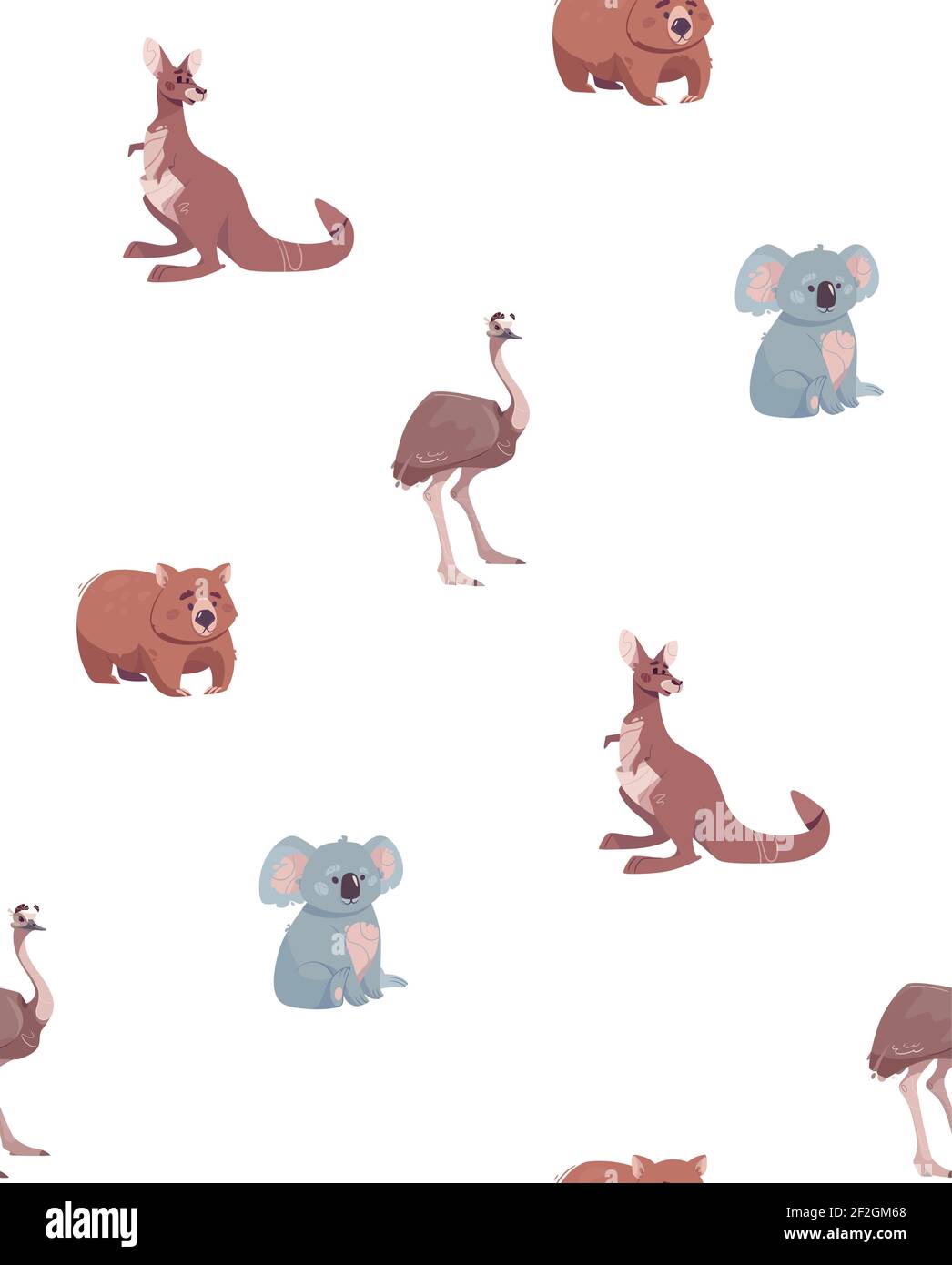 Seamless vector pattern with australian animals. Funny animals, print for printing on t-shirts, packaging, wallpaper, paper, posters. Isolated white, flat style. Stock Vector