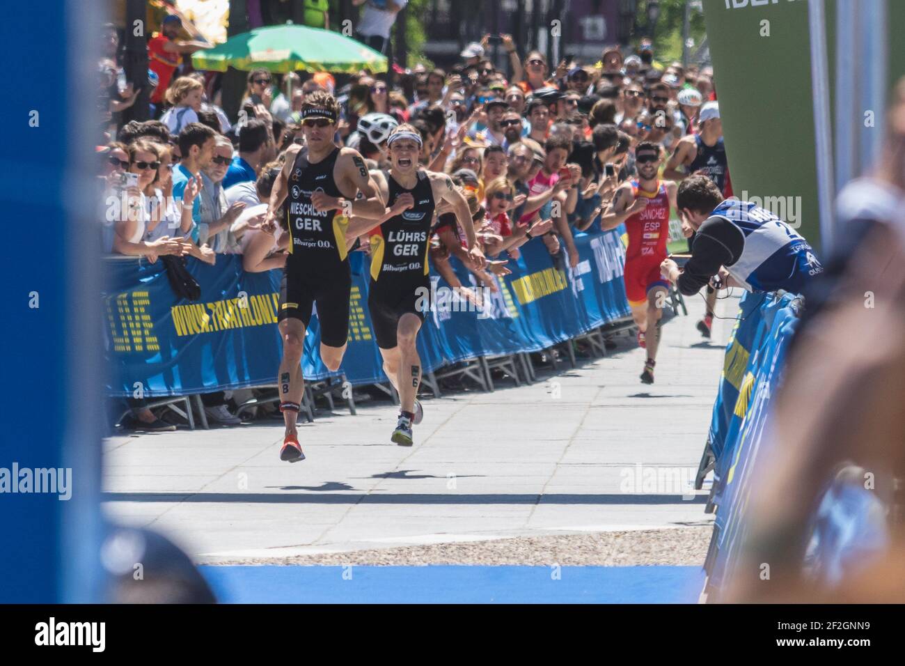 Arrival Justus Nieschlag (Germany) 1st place, Lasse Luhrs (Germany) 2nd place, Roberto Sanchez Mantecon (Spain) 3rd place during the 2019 Madrid ITU Triathlon World Cup, qualifier for the olympic games on May 5, 2019 in Madrid, Spain - Photo Arturo Baldasano / DPPI Stock Photo