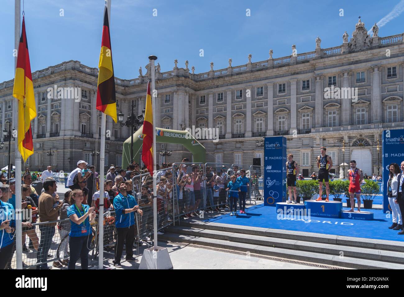 Men's Podium Justus Nieschlag (Germany) 1st place, Lasse Luhrs (Germany) 2nd place, Roberto Sanchez Mantecon (Spain) 3rd place during the 2019 Madrid ITU Triathlon World Cup, qualifier for the olympic games on May 5, 2019 in Madrid, Spain - Photo Arturo Baldasano / DPPI Stock Photo
