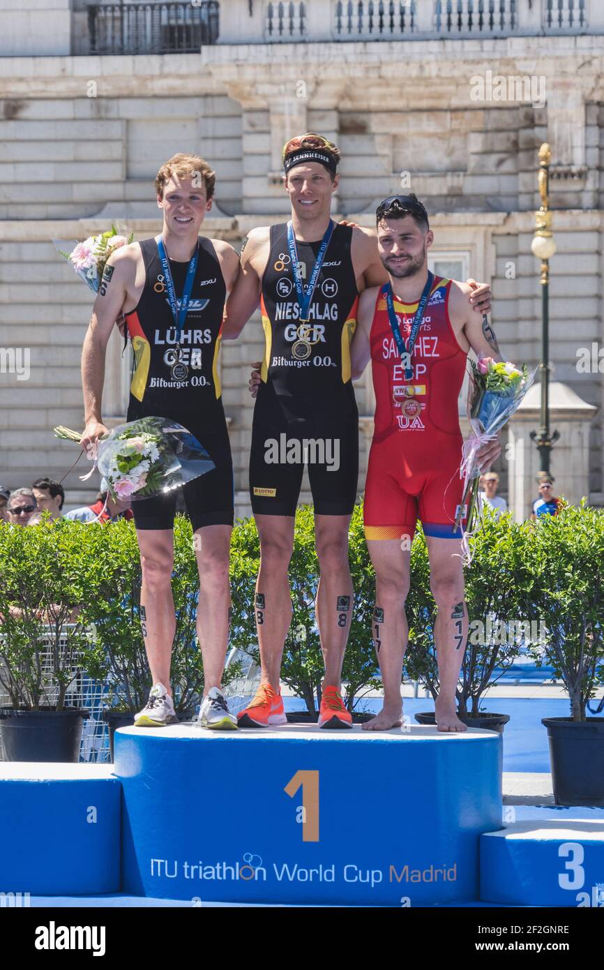 Men's Podium Justus Nieschlag (Germany) 1st place, Lasse Luhrs (Germany) 2nd place, Roberto Sanchez Mantecon (Spain) 3rd place during the 2019 Madrid ITU Triathlon World Cup, qualifier for the olympic games on May 5, 2019 in Madrid, Spain - Photo Arturo Baldasano / DPPI Stock Photo