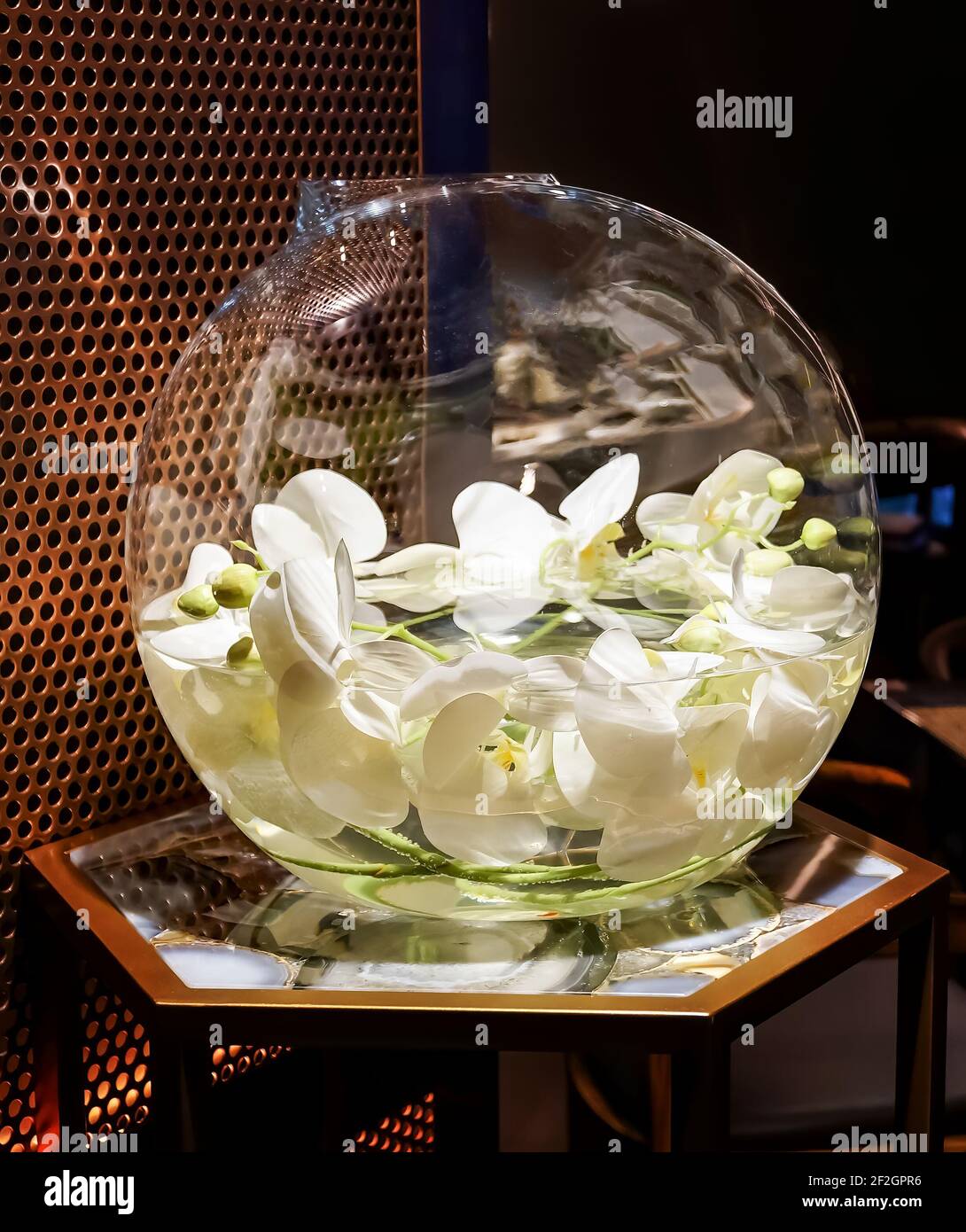 Round glass vase on a metal stand with live white orchids. Stylish