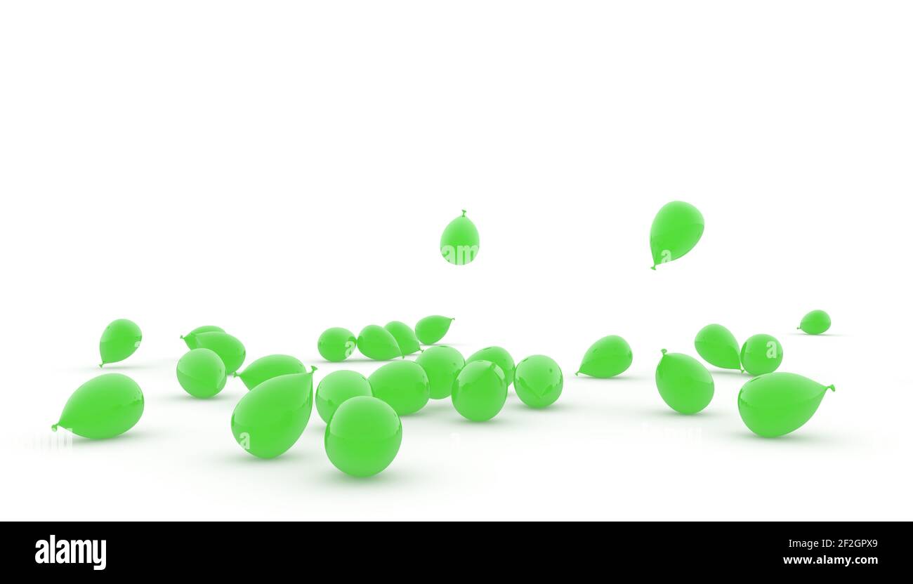 Green balloons are scattered on the floor. 3D render. Isolated white