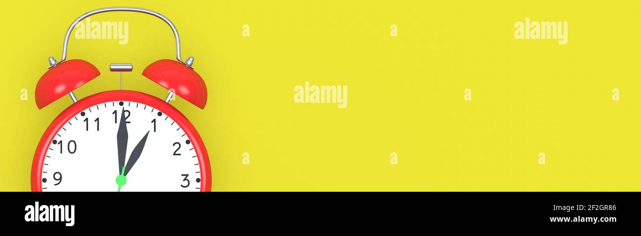 Vintage red alarm clock on yellow background, banner. 3D illustration ...