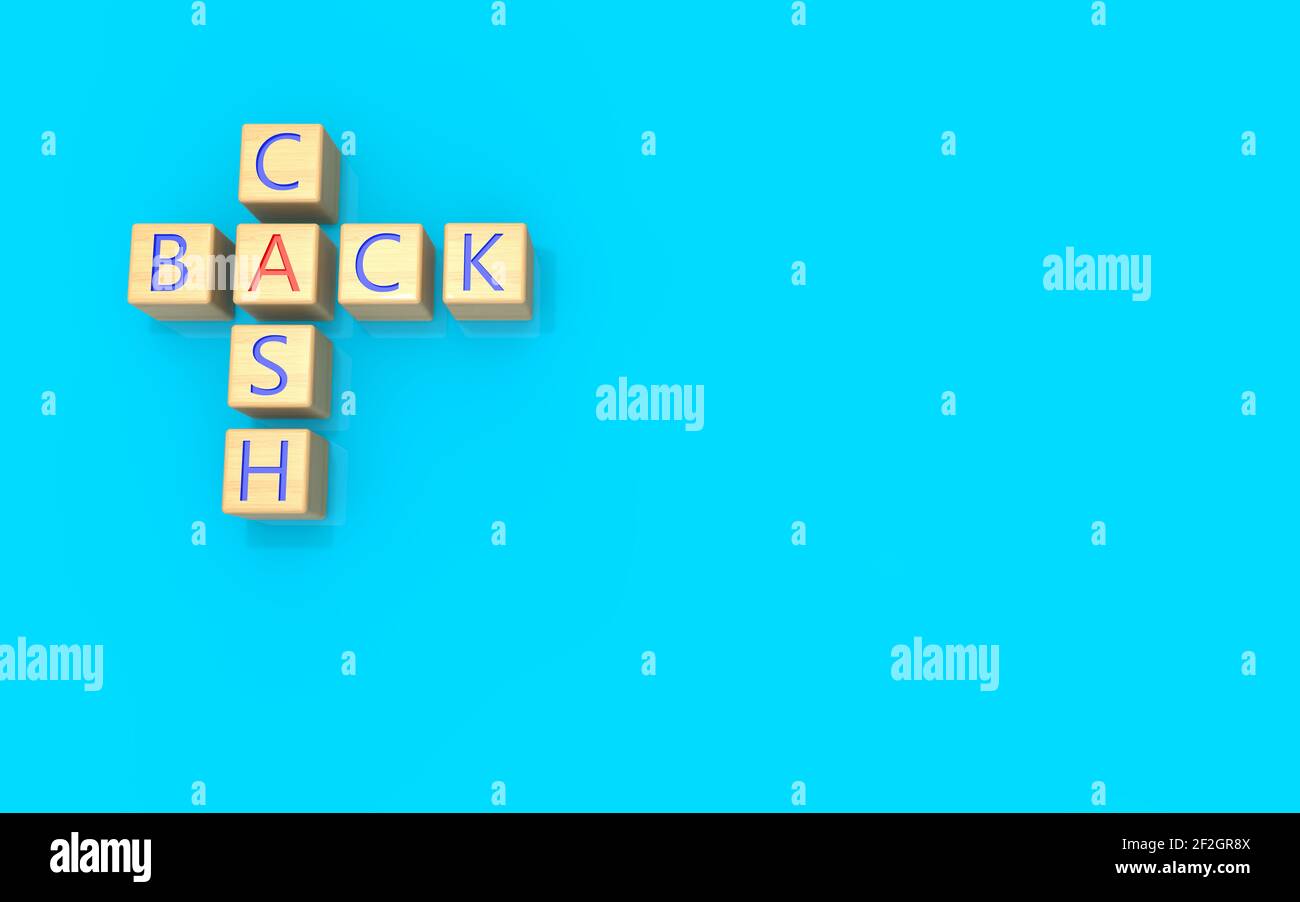 The CASH BACK inscription is laid out of wooden cubes with a crossword The CASH BACK inscription is laid out of wooden cubes with a crossword