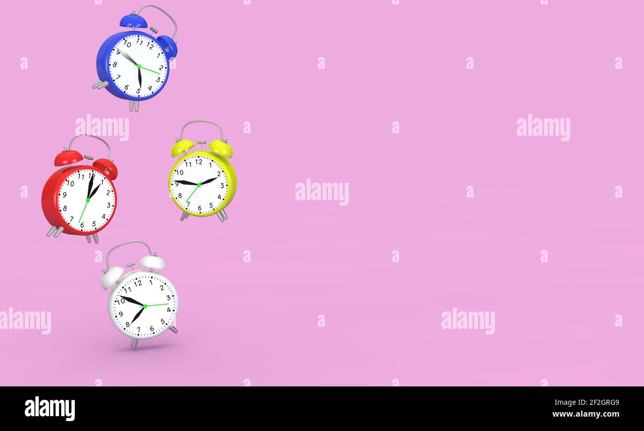 Alarm clocks fly in the air on a pink background. Free space for your
