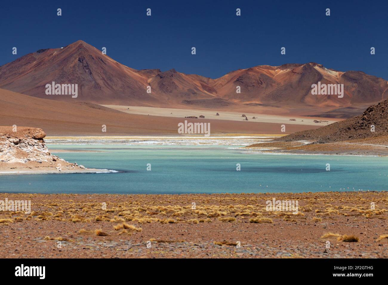 geography / travel, Bolivia, Potosi, Turquoise waters on the shore of Chalvirir salt flat located with, Additional-Rights-Clearance-Info-Not-Available Stock Photo