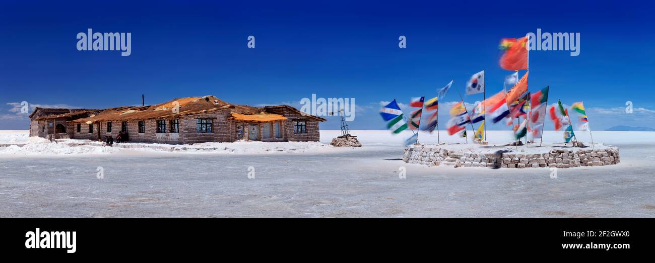 geography / travel, Bolivia, Sud Lipez, Salt hotel on Uyuni salt flat. Walls, floors, sits, tables, be, Additional-Rights-Clearance-Info-Not-Available Stock Photo