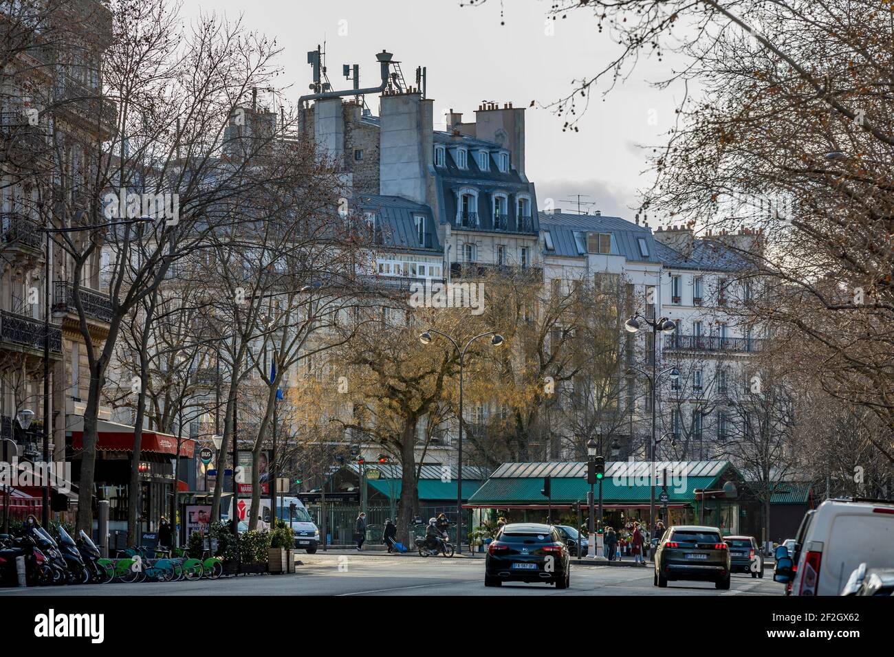 Paris, France - February 19, 2021: Beautiful buildings and typical parisian facades in the 8th district in Paris near parc Monceau Stock Photo