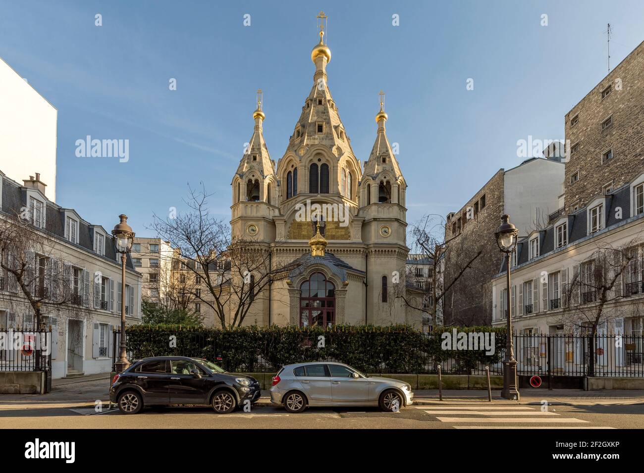Paris, France - February 19, 2021: The Alexander Nevsky Cathedral is a Russian Orthodox cathedral church located in the 8th arrondissement of Paris. I Stock Photo