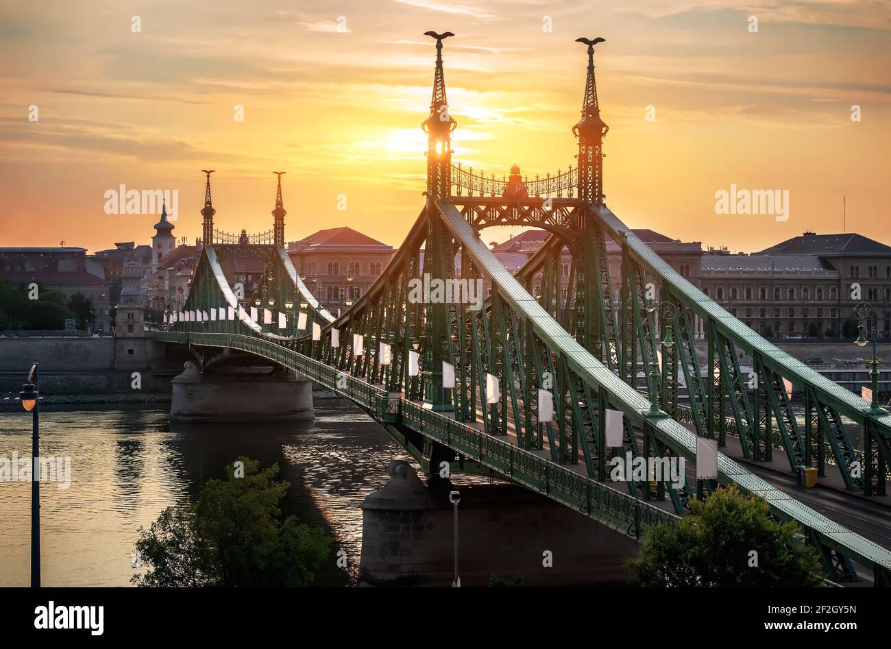 Sun over Budapest Liberty Bridge in the morning, Hungary Stock Photo