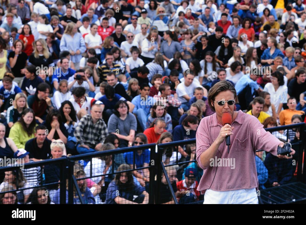 Large crowd at a Radio 1 Roadshow presented by Simon Mayo. Skegness,  Lincolnshire, England, UK. 29th July 1996 Stock Photo - Alamy